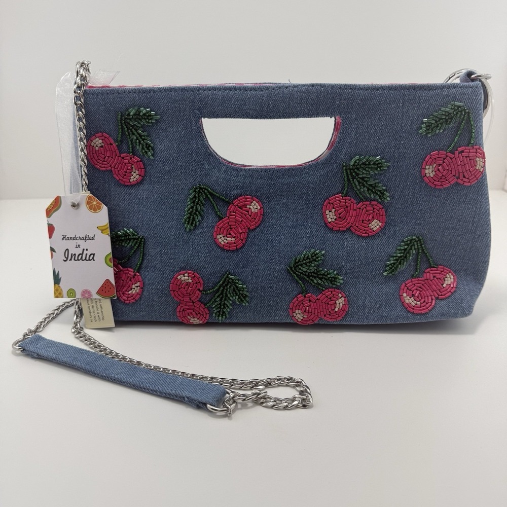 Viral Cherry Beaded Denim Bag Handcrafted In India Gingham Charm NEW with Tags